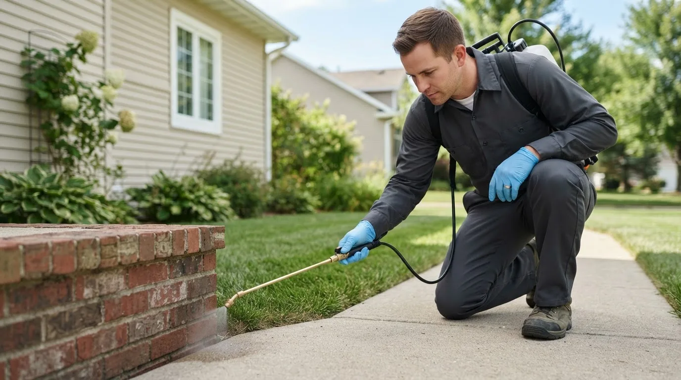 Pest control technician treating a home near Defiance, IA