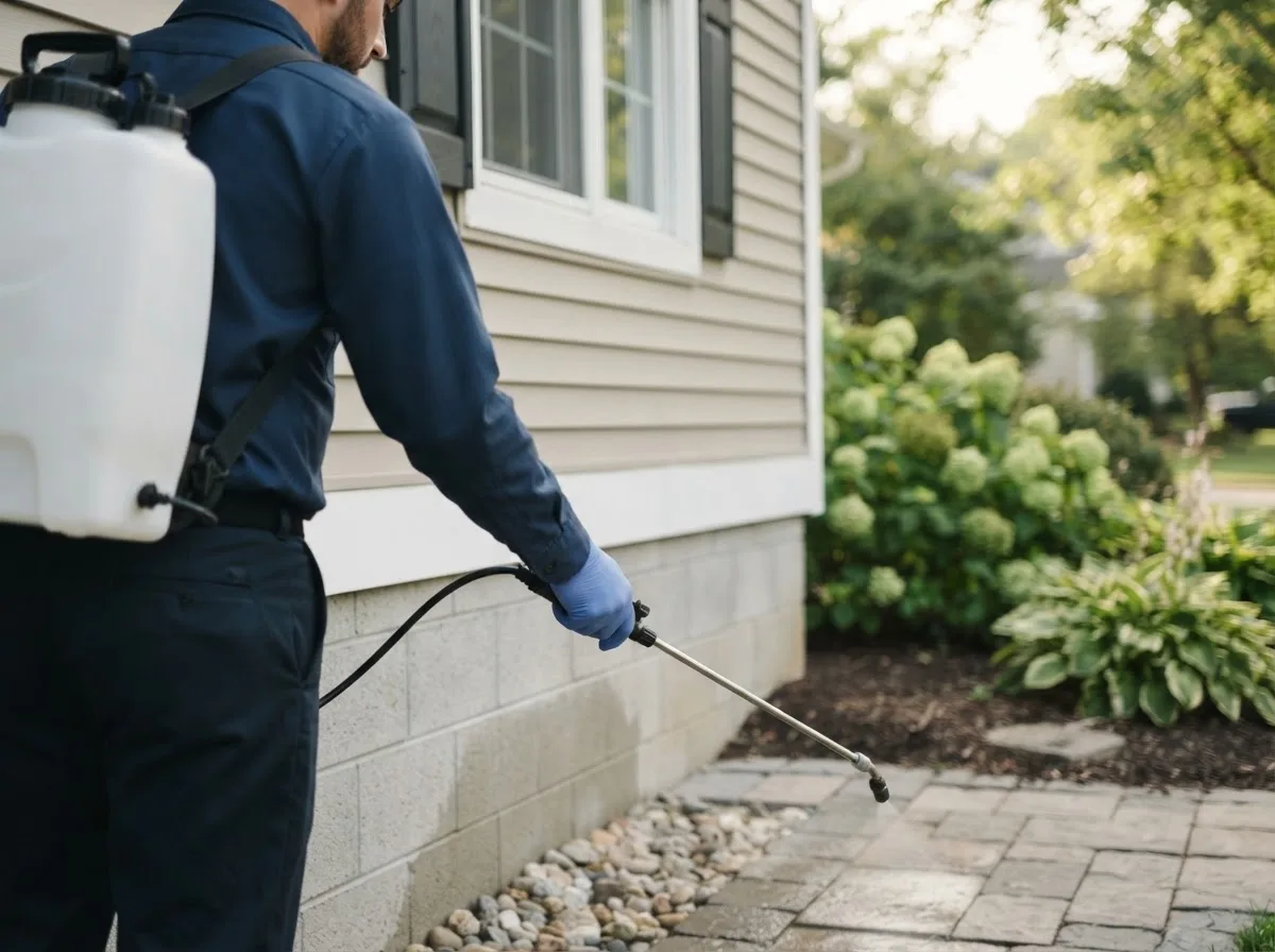 Pest control technician inspecting a home in Defiance, IA